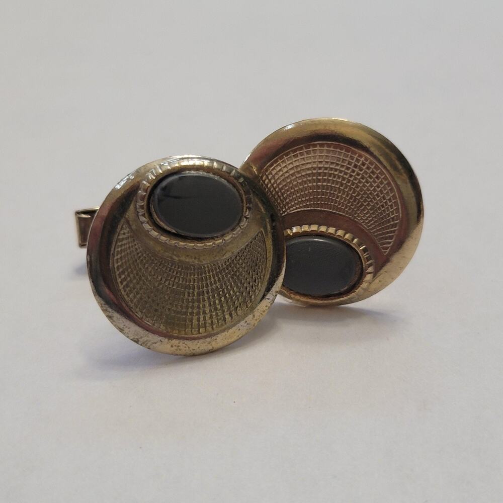 Vintage Gold Onyx Cufflinks Mens Brass Oval Whale Back Black Gemstone Set